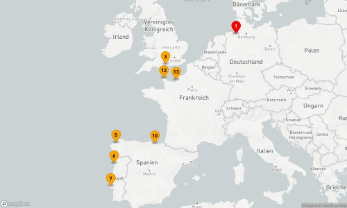 Bremerhaven - Southampton - La Coruña - Leixoes / Porto - Lissabon - Bilbao - Cherbourg-Octeville - Le Havre (Paris)