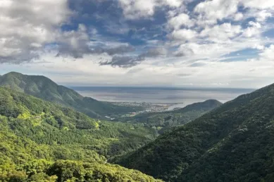 Die grünen Berge auf der japanischen Insel Yakushima bei bewölktem Himmel, im Hintergrund der Hafen und das Meer.