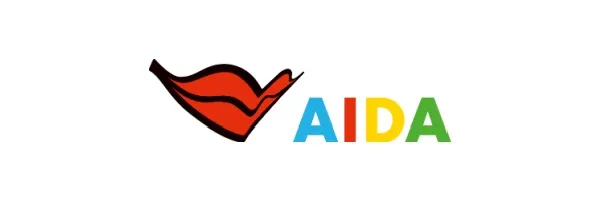 Das AIDA Logo mit Kussmund und den AIDA Buchstaben in Blau Rot Gelb und Grün