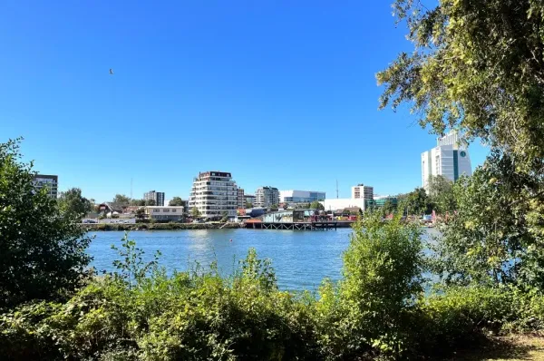 Blick auf die Stadt Valdivia vom Botanischen Garten aus fotografiert.