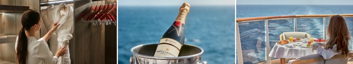 Drei-geteiltes Bild: Links hängt eine Frau einen Bademantel in einen Holzschrank, in der Mitte ist eine Champagnerflasche und rechts sitzt eine Frau an einem gedeckten Frühstücktisch mit Blick aufs Meer.