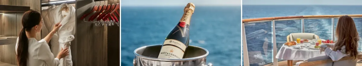 Drei-geteiltes Bild: Links hängt eine Frau einen Bademantel in einen Holzschrank, in der Mitte ist eine Champagnerflasche und rechts sitzt eine Frau an einem gedeckten Frühstücktisch mit Blick aufs Meer.