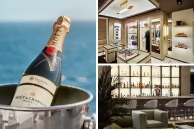3-teiliges Bild: Links eine Champagnerflasche, rechts oben eine Luxus-Boutique und rechts unten eine edle Bar mit Barkeeper.