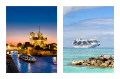 Visueller Vergleich: Intime Flusslandschaft in Paris bei Nacht vs. Weite des Ozeans bei einer Hochseekreuzfahrt.