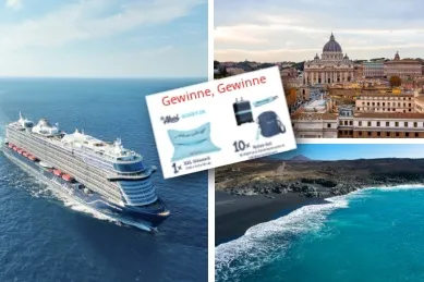 3-teiliges Bild: links Mein Schiff Relax auf See, rechts oben Blick auf den Petersdom in Rom, rechts unten schwarzer Strand auf Lanzarote. Mittig darüber ein Bild der Gewinnspielpreise mit der Überschrift Gewinne Gewinne in rot.