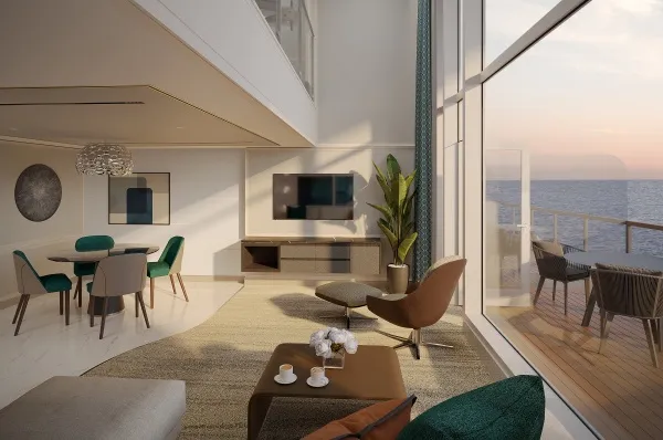 Grand Loft Suite Die Grand Loft Suite auf der Seven Seas Prestige hat zwei Etagen und eine Fensterfront mit Blick auf das Meer.