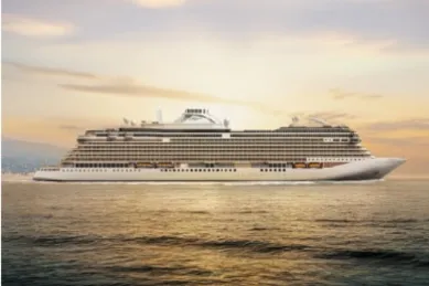 Die Seven Seas Prestige auf dem Meer bei Sonnenuntergang.