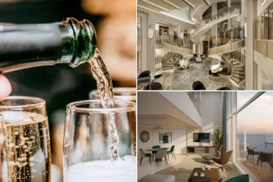 Drei geteiltes Bild: links Champagnergläser werden aufgefüllt, rechts oben das Atrium auf der Seven Seas Presttige, rechts unten eine Loft Suite auf der Seven Seas Prestige