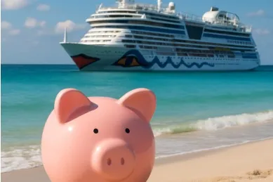 Symbolbild: Ein Sparschwein steht am Strand, im Hintergrund ein AIDA Schiff. Mit dem AIDA LIGHT Tarif können Sie unschlagbar günstige Kreuzfahrten buchen.