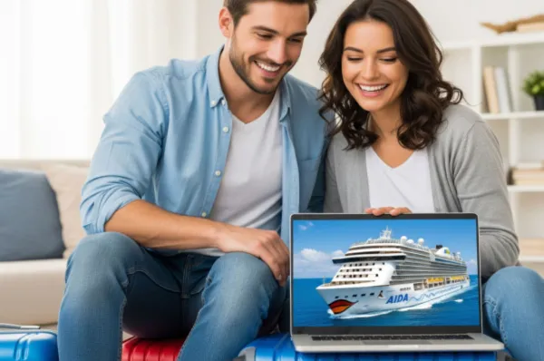 Ein glückliches Paar sitzt auf gepackten Koffern und schaut auf einen Laptop, der ein AIDA Kreuzfahrtschiff anzeigt. Symbolbild für die Freude nach einer AIDA-Buchung.