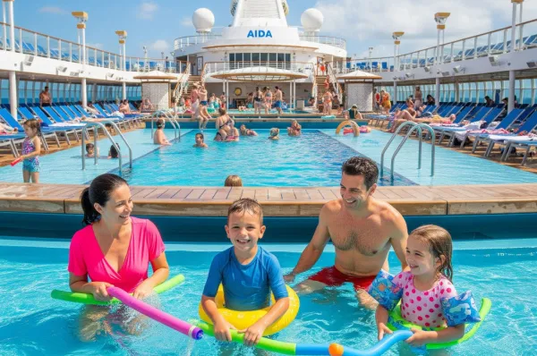 Eine Familie mit zwei Kindern lacht und spielt im Pool auf dem Deck eines AIDA-Kreuzfahrtschiffes. Symbolisch für die Sorglosigkeit die der AIDA Classic Tarif schafft.