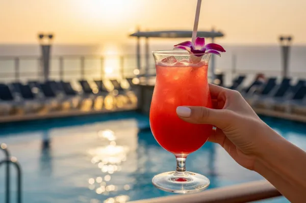 Nahaufnahme einer Hand, die einen Cocktail vor dem Pooldeck eines Kreuzfahrtschiffes bei Sonnenuntergang hält.