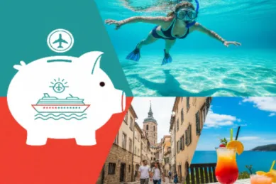 Grafische Collage, die das Sparen für den Urlaub darstellt: Ein Sparschwein mit Kreuzfahrt-Symbol und daneben Bilder von Reiseerlebnissen wie Schnorcheln, Städtetrips und Cocktails am Meer.