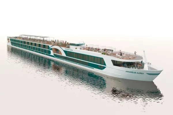 AMADEUS Aurea Ein Rendering der AMADEUS Aurea auf dem Wasser.