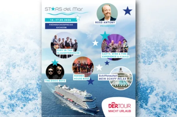 Künstler der Eventkreuzfahrt Stars del Mar und Außenansicht von Mein Schiff Relax vor einem Hintergrund aus Wellen und Gischt. Unten das DER Tour Logo in Rot und Weiß.