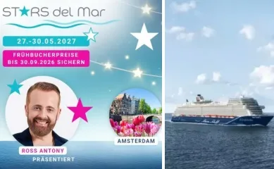 2-teiliges Bild: links Werbeplakat der Stars del Mar Kreuzfahrt mit den teilnehmenden Künstler. Rechts: Mein Schiff 2 auf hoher See.