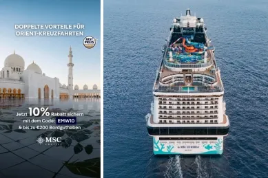 2-teiliges Bild: links Aktionsbanner von MSC mit einem Pärchen auf einer Veranda vor einem MSC Schiff in der Karibik und der Aufschrift 10% Rabatt mit dem Code USA10, rechts Leuchtturm auf Ocean Cay - MSC Marine Reserve aus der Vogelperspektive