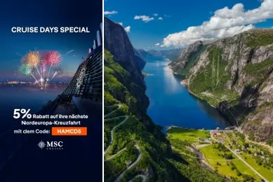 2-teiliges Bild: links Aktionsbanner von MSC mit einem Feuerwerk während der Hamburg Cruise Days und der Aufschrift 5% Rabatt auf Ihre nächste Nordeuropa-Kreuzfahrt. Rechts Fjordlandschaft bei Stavanger an einem sonnigen Tag.