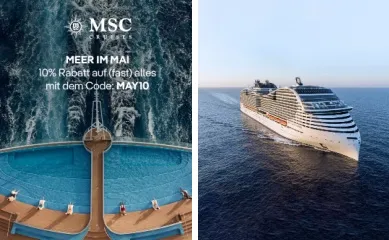 2-teiliges Bild: Links Aktionsbanner der aktuellen Rabattaktion mit der Aufschrift 10% Rabatt auf (fast) alles mit dem Code MAY10 und dem MSC Logo. Rechts MSC World Europa auf dem Meer von seitlich vorne gesehen.