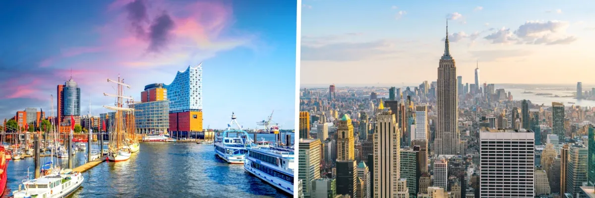 Kreuzfahrten mit den Arrangements "The New Yorker" & "Suite Dreams" 2-teiliges Bild: Links Elbphilharmonie, Boote & Segelboote im Hamburger Hafen, rechts Blick über New York mit dem Empire State Building im Zentrum.