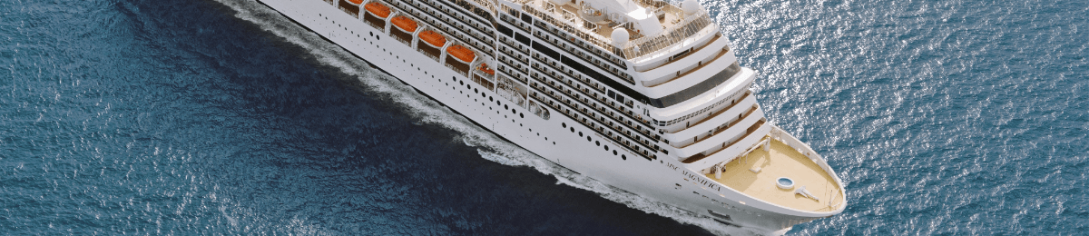 Das MSC Kreuzfahrtschiff MSC Magnifica, seitlich von oben fotografiert.