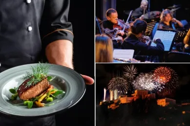 3-teiliges Bild: links ein Chefkoch mit einem Gourmetmenü in der Hand, oben rechts ein Orchester, dass während einer Musikkreuzfahrt spielt, rechts unten Rhein in Flammen mit Feuerwerk.