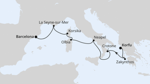 Griechenland, Italien & Spanien ab Korfu 1 Korfu - Zakynthos - Crotone - Neapel - Olbia/Sardinien - Ajaccio/Korsika - La Seyne-Sur-Mer - Barcelona
