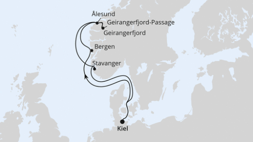 Norwegens Welterbe ab Kiel Kiel - Bergen - Alesund - Geirangerfjord - Welterbe-Geirangerfjord-Pass - Stavanger - Kiel