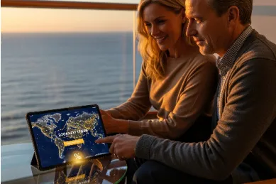 Ein Paar nutzt die Vorteile der On-Board-Buchung für die nächste Kreuzfahrt Paar auf dem Balkon eines Kreuzfahrtschiffes plant bei Sonnenuntergang die nächste Reise. Der Mann zeigt auf ein Tablet, auf dem eine Weltkarte und ein leuchtendes Prozent-Symbol als Zeichen für einen Bordbucher-Rabatt zu sehen ist.