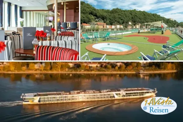 Bildcollage der Reederei 1AVista Reisen. Gezeigt werden die gemütliche Bar an Bord, das Sonnendeck mit Whirlpool und Minigolf sowie ein Flussschiff bei der Fahrt auf dem Rhein.