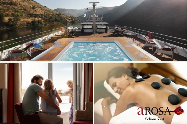 Bildcollage, die das Reiseerlebnis mit der Reederei A-ROSA darstellt. Gezeigt werden das Sonnendeck mit Pool auf dem Douro, eine Familie, die aus der Kabine schaut, und eine Frau, die eine entspannende Hot-Stone-Massage im Spa-Bereich erhält.