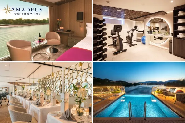Bildcollage, die das Premium-Erlebnis der Reederei Amadeus Flusskreuzfahrten illustriert. Gezeigt werden eine elegante Kabine mit großem Fenster zum Fluss, der moderne Fitnessraum, das stilvoll eingedeckte Restaurant und der Pool auf dem Außendeck.