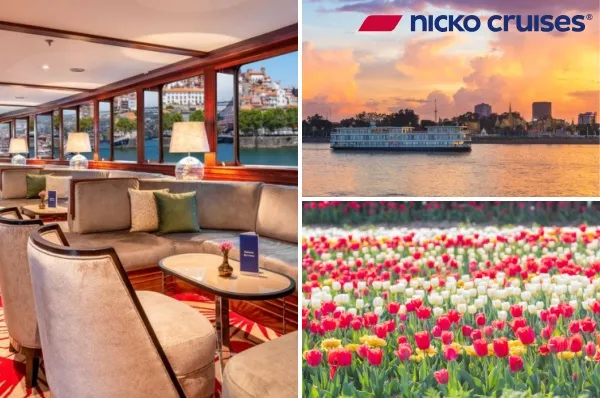 Bildcollage zu nicko cruises Flusskreuzfahrten: Links die gemütliche Lounge mit Panoramablick, rechts ein Flussschiff bei Sonnenuntergang in einem fernen Reiseziel und unten ein farbenfrohes Tulpenfeld als Beispiel für einen Landausflug.