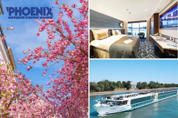 Bildcollage der Reederei Phoenix Reisen. Gezeigt werden die Kirschblüte in Bonn als Heimat des Veranstalters, eine moderne Kabine mit Flussblick und das Flusskreuzfahrtschiff MS Alisa auf dem Rhein.