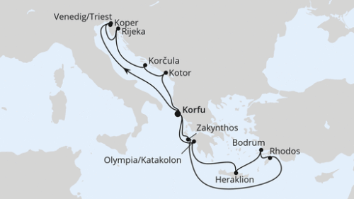 Adria & Griechenland ab Korfu 2 Korfu - Koper - Triest - Rijeka - Korkula - Kotor - Korfu - Zakynthos - Rhodos Stadt - Bodrum - Heraklion/Kreta - Olympia/Katakolon - Korfu