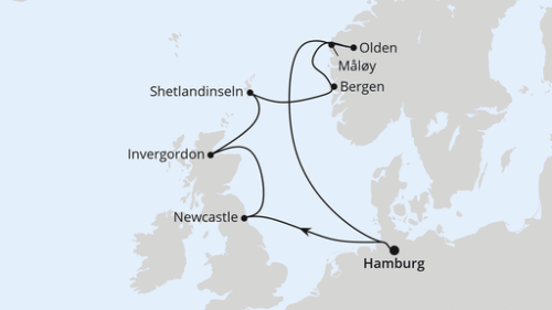 Großbritannien & Norwegen ab Hamburg Hamburg - Newcastle Upon Tyne - Invergordon - Lerwick/Shetland Inseln - Bergen - Olden - Maloy - Hamburg