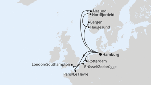 Metropolen & Norwegen ab Hamburg Hamburg - Southampton - Paris/Le Havre - Zeebrügge - Rotterdam - Hamburg - Bergen - Haugesund - Nordfjordeid - Alesund - Hamburg