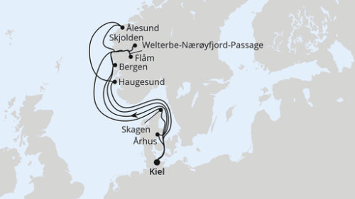 Große Norwegen-Reise ab Kiel Kiel - Bergen - Flam - Welterbe-NÆRØYfjord-Passage - Alesund - Haugesund - Kiel - Skagen - Skjolden - Bergen - Arhus - Kiel