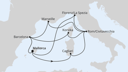 Palma - Cagliari - Rom/Civitavecchia - Marseille - Barcelona - Palma - Florenz/La Spezia - Rom/Civitavecchia - Ajaccio/Korsika - Barcelona - Palma
