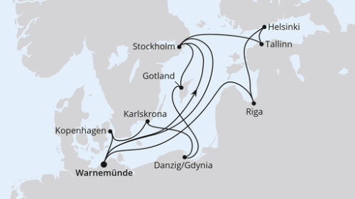 Highlights der Ostseeküste ab Warnemünde Warnemünde - Stockholm - Visby - Danzig/Gdynia - Karlskrona - Kopenhagen - Warnemünde - Riga - Helsinki - Helsinki - Tallinn - Stockholm - Warnemünde