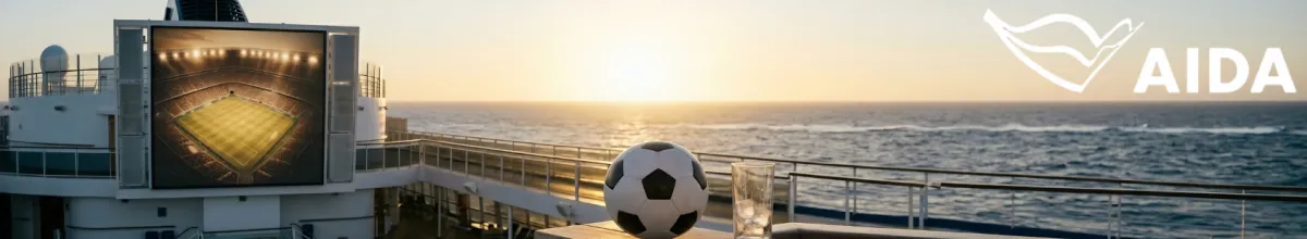 Großer LED-Bildschirm mit Stadionansicht auf dem Pooldeck eines Kreuzfahrtschiffs bei Sonnenuntergang, im Vordergrund ein Fußball auf dem Deck mit Blick aufs offene Meer