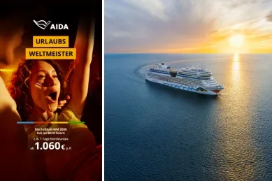 AIDA Kreuzfahrten zur Fußball-WM 2026 2-teiliges Bild: Links weiblicher jubelnder Fußballfan sowie Aufschrift AIDA Urlaubsweltmeister, rechts Seitenansicht von AIDAmar im Sonnenuntergang auf dem Meer.