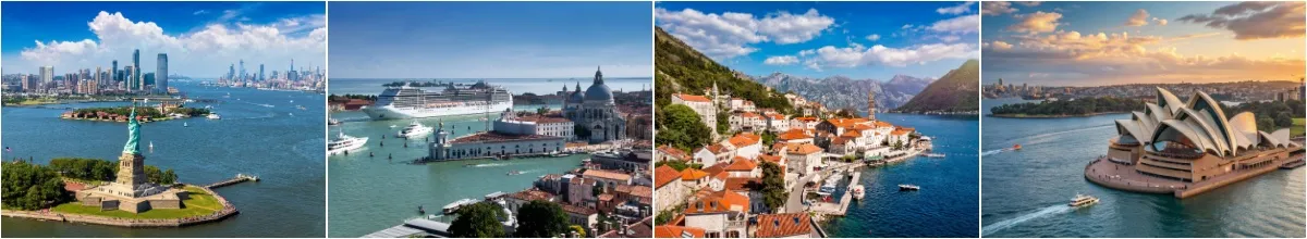 Collage mit vier der Häfen von links nach rechts: New York, Venedig, Kotor, Sydney.
