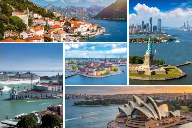 Die Top 5 der schönsten Hafeneinfahrten weltweit Collage der Häfen: oben links Kotor, oben rechts New York, unten links Venedig, unten rechts Sydney, in der Mitte Stockholm.
