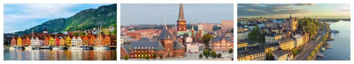 3 teiliges Bild: links liegt malerisch Bergen, in der Mitte begüßt Sie Aarhus, rechts erstreckt sich Stockholm