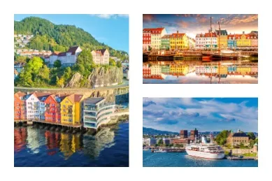 Collage aus Bildern von Kopenhagen, Oslo und Bergen
