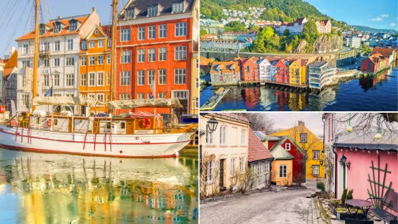 Mini-Kreuzfahrten Collage aus Bildern von Kopenhagen, Oslo und Bergen