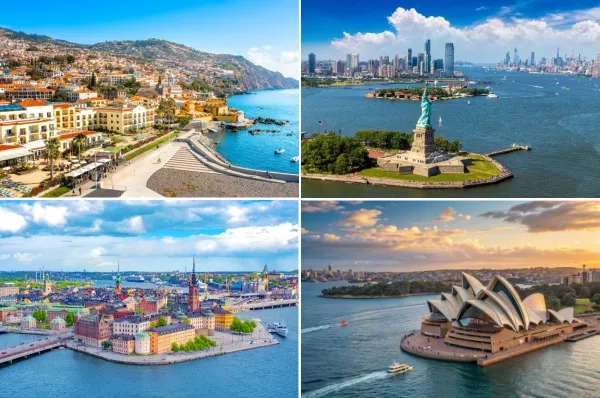 Collage mit Kreuzfahrthäfen: oben links Madeira, oben rechts New York, unten links Stockholm, unten rechts Sydney.