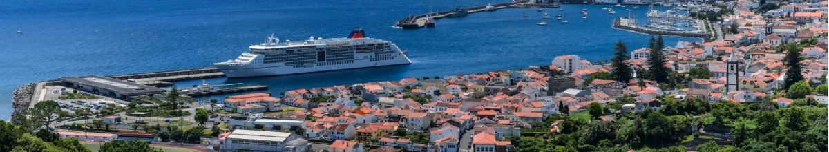 Ein Kreuzfahrtschiff liegt im Hafen, im Vordergrund eine schöne Altstadt.