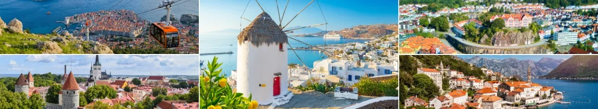 Collage der einzelnen Häfen: oben links Dubrovnik, unten links Tallinn, mittig Mykonos, unten rechts Kotor, oben rechts Bergen.